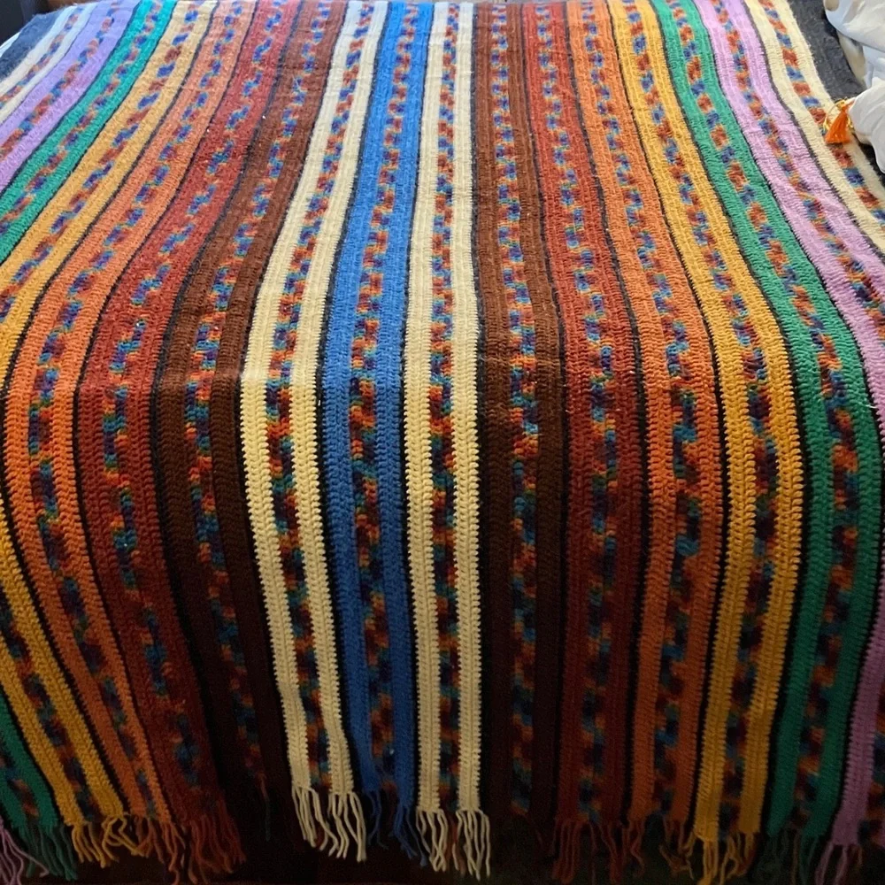 Vintage crochet handmade fringed afghan multicolor 1980’s or 1970’s Queen / King